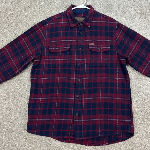 Orvis Heavy Flannel Shirt Jacket Mens Medium Shacket Red Blue Plaid Flap Pockets - Picture 2 of 8